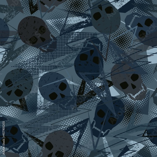 Seamless pattern with skulls, grunge paint brush stroke, lightning, dotted halftone shapes. Blue camouflage colors for apparel, fabric, textile, sport goods. Modern grunge texture.