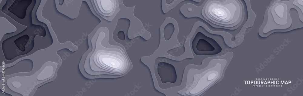 Topographic map in paper cut style. 3d abstract background with cut out waves modern cover. Dark color holes and mountains papercut art. Vector card illustration and origami smooth geometric shapes Topographic map in paper cut style. 3d abstract background with cut out waves modern cover. Dark color holes and mountains papercut art. Vector card illustration and origami smooth geometric shapes