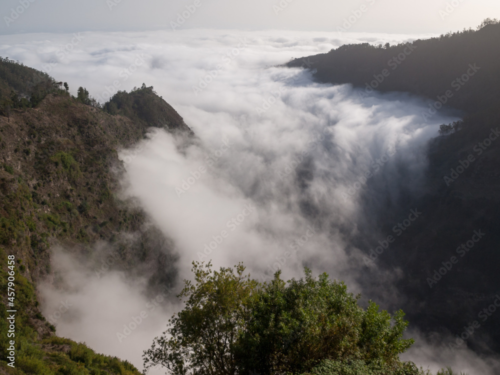 Clowds falling down the mountains in Madeira island interior