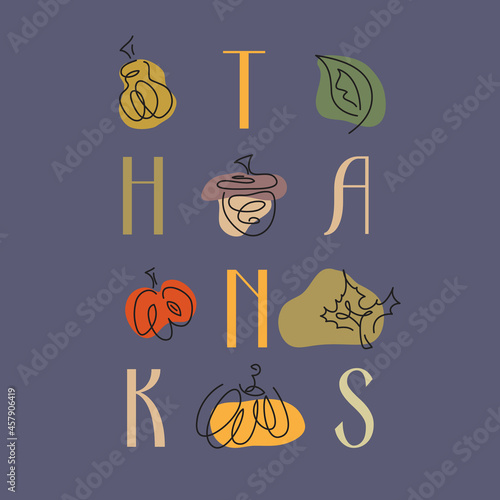 Thank you card with vegetables and fruits. Acorn, pumpkin, pear, apple. Autumn.