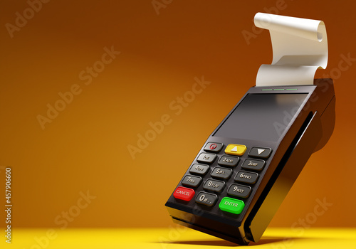 POS terminal on an orange background with space for text. Device with the function of printing a receipt. Device for plastic cards payment. Payments by bank cards by means of terminal. 3d rendering.
