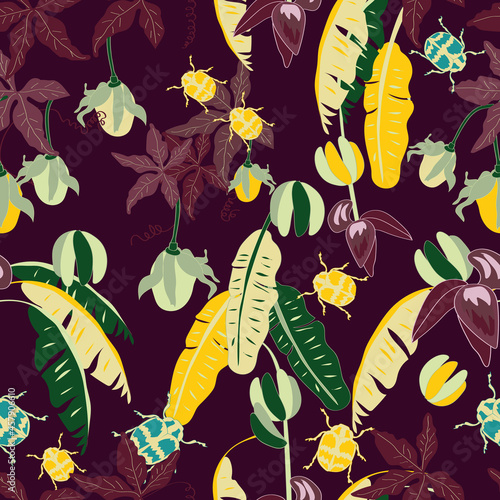 Violet Eden banana insects seamless vector pattern 