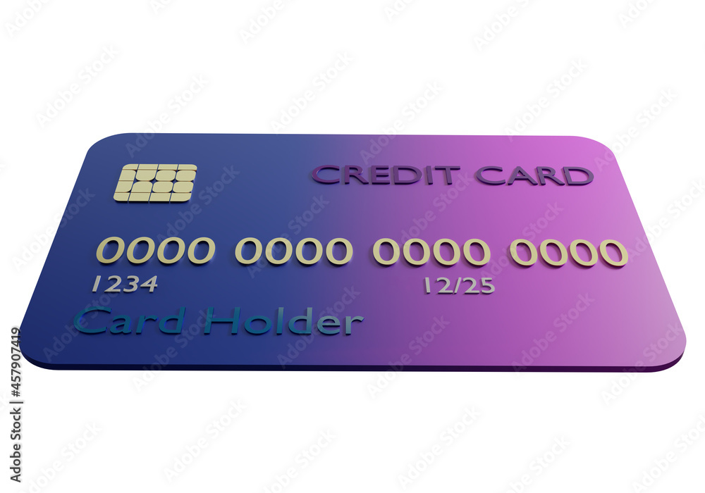 Credit card mock up. The purple bank card is isolated on a white background. Use of bank loan. Borrowing by credit card. Plastic card close up. Payments and credits. 3d rendering Credit card mock up. The purple bank card is isolated on a white background. Use of bank loan. Borrowing by credit card. Plastic card close up. Payments and credits. 3d rendering