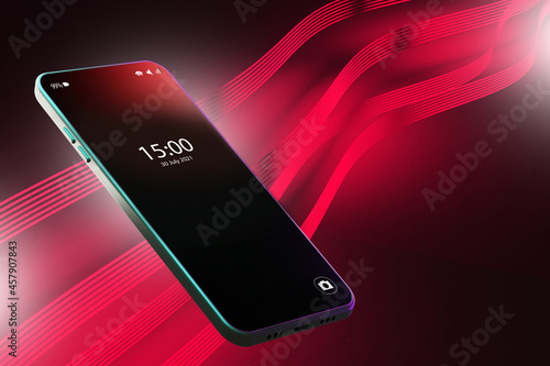 Black and red background with smartphone. Smartphone with the time and date on the screen. Red winding lines and a mobile phone. Neon background of electronic gadgets. 3d image. photo