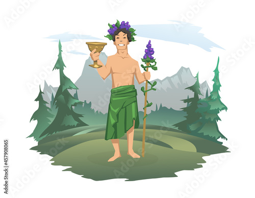 Dionysus, acient Greek god of wine standing in nature. Ancient Greece mythology. Forest and mountain landscape in the background. Vector illustration isolated on white background. photo