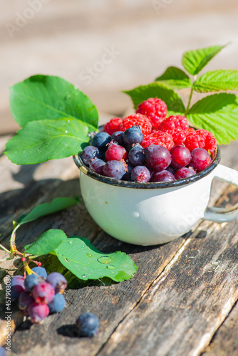 raspberries and irga in a white mug lie. High quality photo