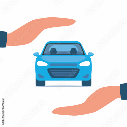 Hands male insurance agent protects car, concept. Protection safety car. Security service. Vector illustration, flat design.