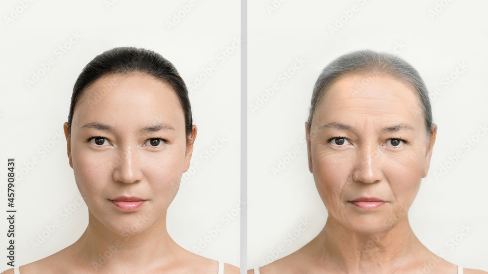 The concept of aging women. Comparison of young and old. portrait of an ...
