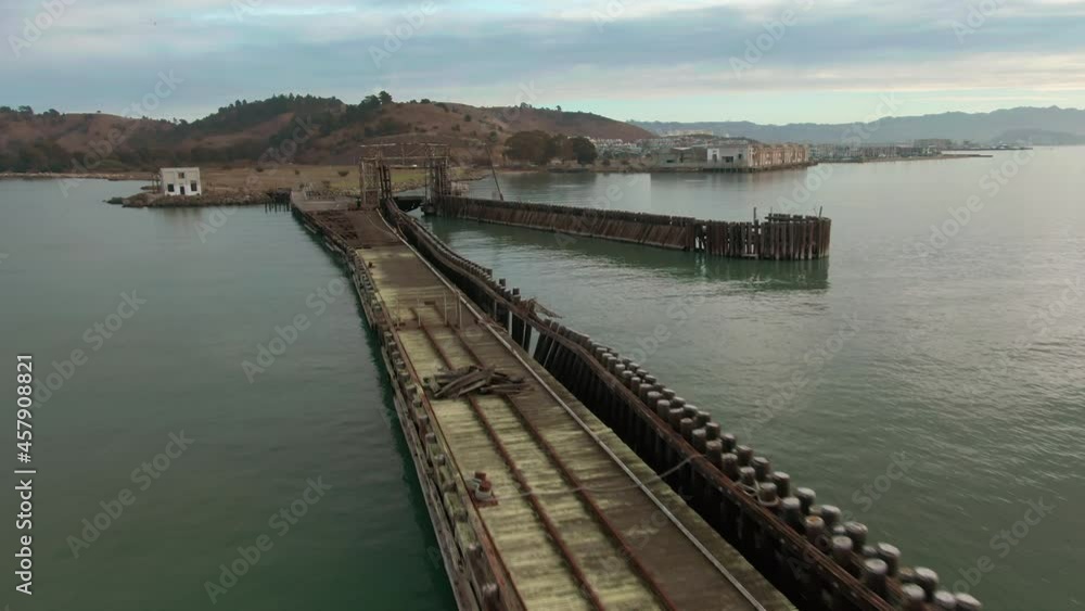 Aerial: Abandoned pier and ocean at Brickyard Cove, Richmond, Oakland, California, USA Aerial: Abandoned pier and ocean at Brickyard Cove, Richmond, Oakland, California, USA