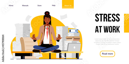 Stress management landing page design. Businesswoman meditates in the office, balancing work and life responsibilities. Healthy lifestyle and Balanced work management web page vector design.