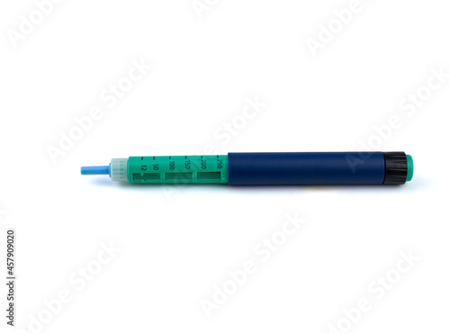 Insulin pen, injector pen on white background. Сlose-up, isolated
