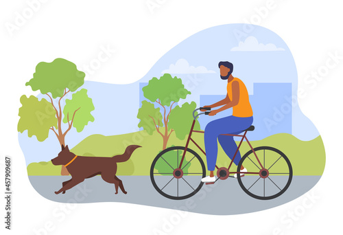 Man riding with dog. Walking pets. Leisure activities, cycling, sports. City park, path for cyclists. Graphic element for website. Cartoon flat vector illustration isolated on white background