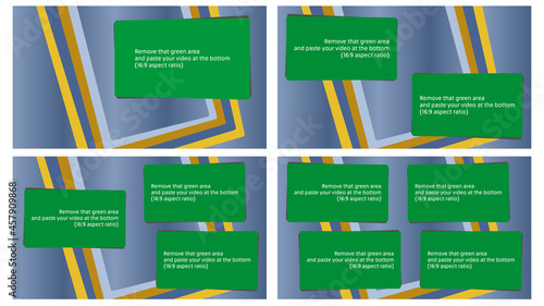 Editable set of 4 video overlay blanks. Removable green screen template to embed your video or photo. Abstract style. 16:9 aspect ratio. Isolated white background