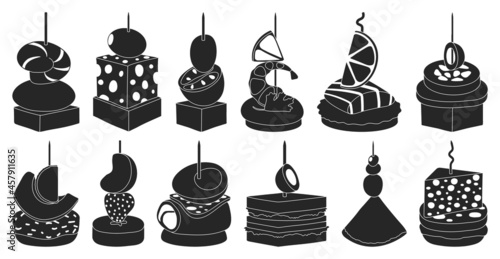 Canape and food black vector set illustration of icon.Food and appetizer vector set of icon.Canape black collection on white background.