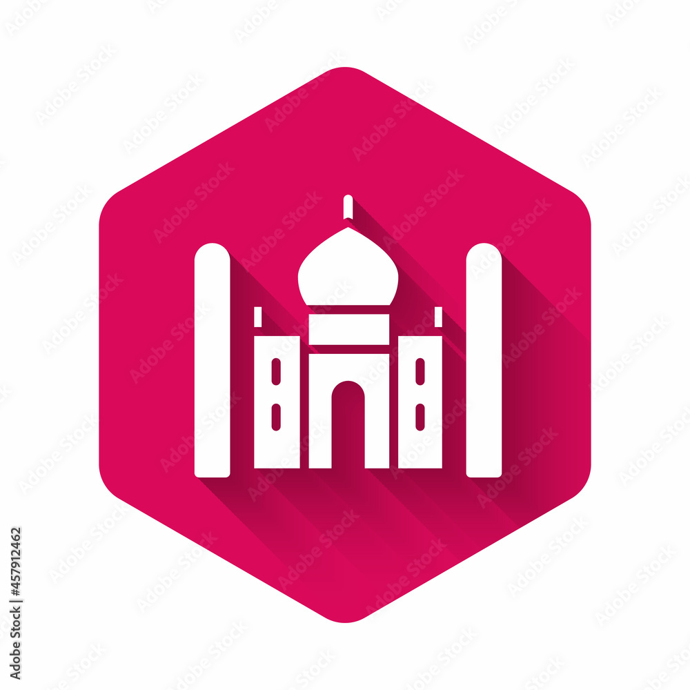 White Taj Mahal mausoleum in Agra, Indiaicon isolated with long shadow. Pink hexagon button. Vector