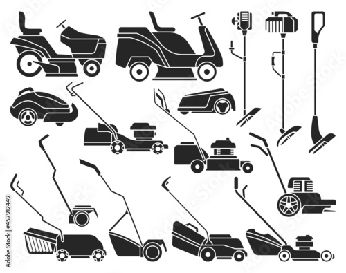 Lawn mower vector illustration on white background. Isolated black set icon lawnmower. Vector black set icon lawn mower. photo