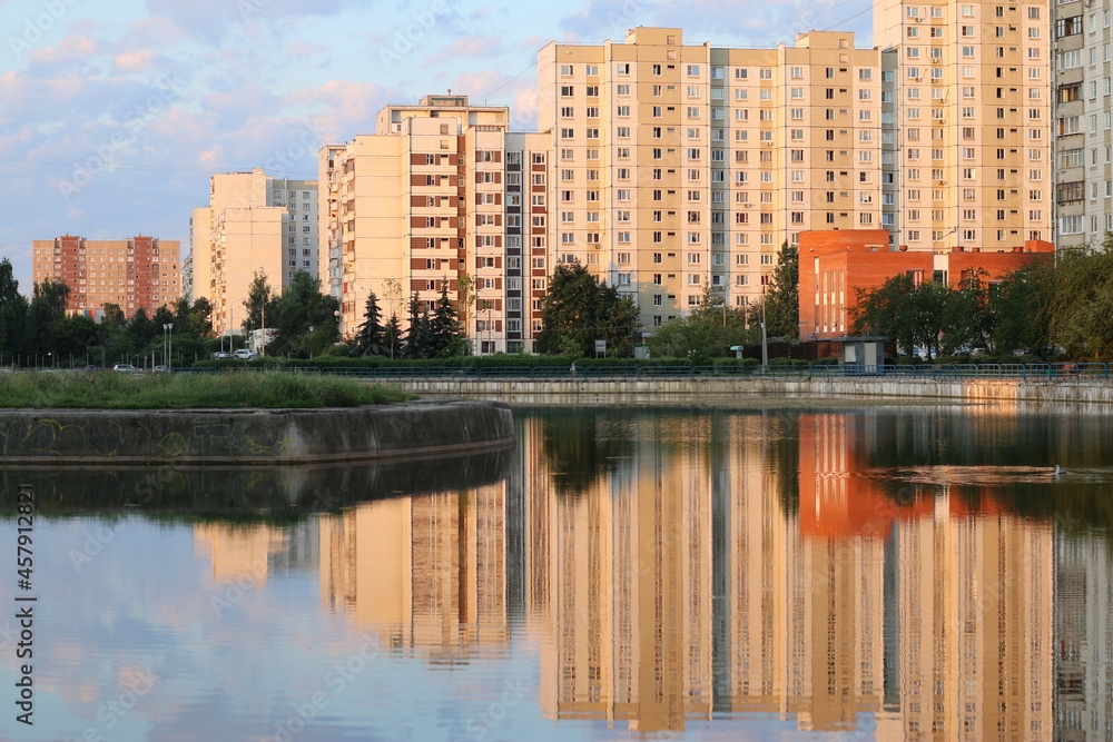 City pond in Zelenograd administrative district in Moscow, Russia. Beautiful sunrise