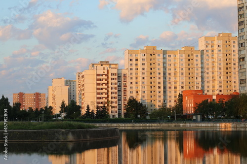 City pond in Zelenograd administrative district in Moscow  Russia. Beautiful sunrise
