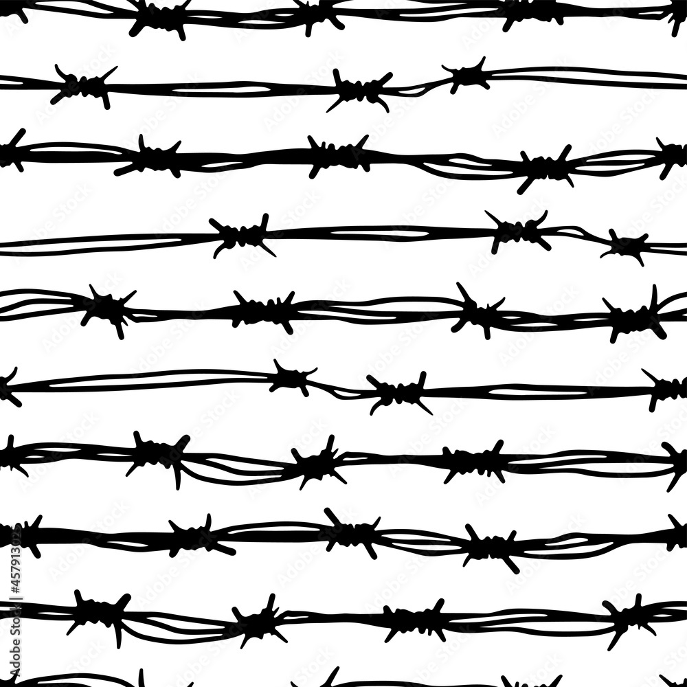 Black ink thin outline barbed wire isolated on white background. Monochrome linear seamless pattern. Vector simple flat graphic hand drawn illustration. Texture. - obrazy, fototapety, plakaty 