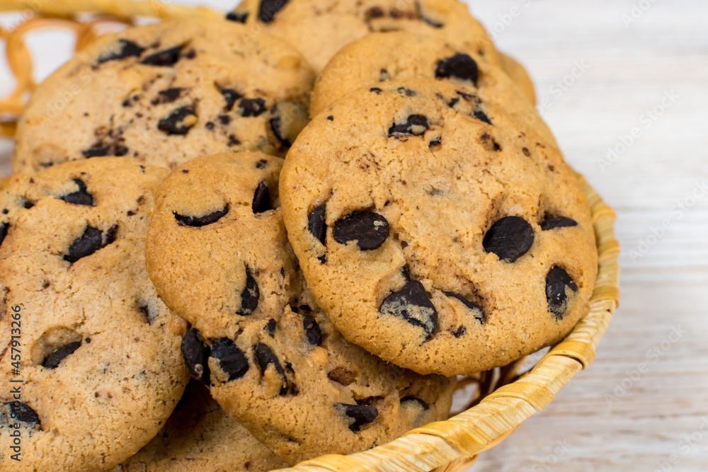 Chocolate chip cookies in a basket. Close-up. Chocolate chip cookies in a basket. Close-up.