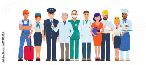 A group of people of different professions. Character design for doctors, pilot and stewardess, cook, repairman, engineer, builder and secretary. Flat vector illustration.