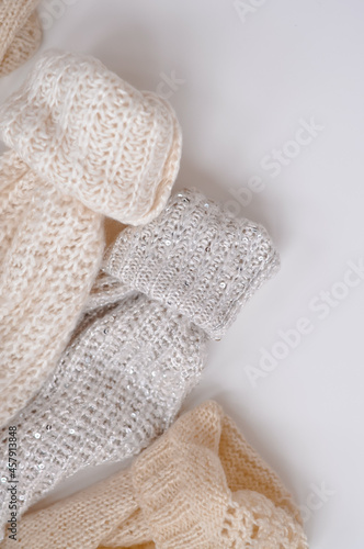 Close up of cozy warm sweaters copy space 