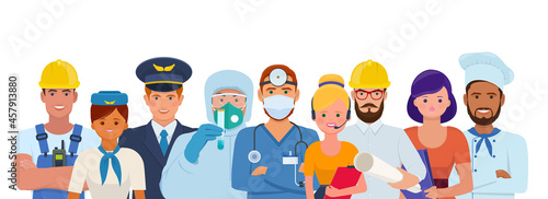 A group of people of different professions. Character design for doctors, pilot and stewardess, cook, repairman, engineer, builder and secretary. Flat vector illustration.