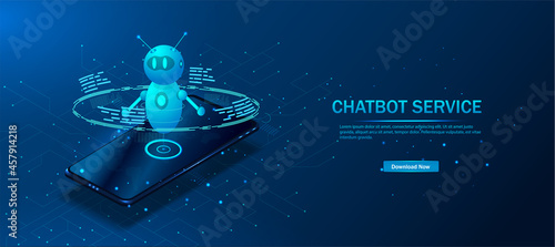 Vector illustration of an isometric robot-bot working with a virtual interface. Banner of online training. Artificial intelligence, Automation of technological processes and engineering.