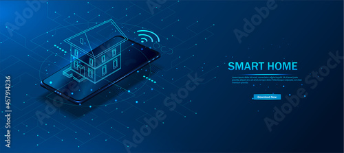 Smart home is a controlled smartphone. The technology of the home automation system. The house standing on the mobile phone screen.