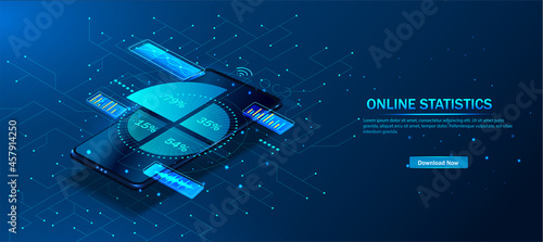 Online statistic, data Analytics and finance and trading mobile app. Smartphone app and UI, UX, KIT presentation mobile application. Analysis trends and financial strategy. Vector illustration