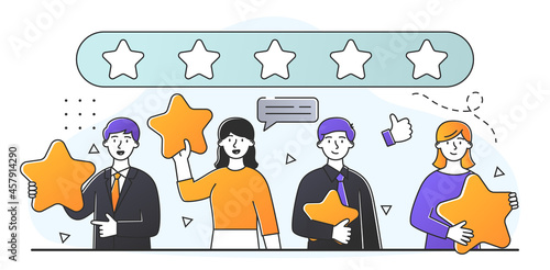 Customers leave their reviews. Men and women hold stars and give rating to product or service. Positive feedback. Satisfaction Rating. Cartoon flat vector illustration isolated on white background