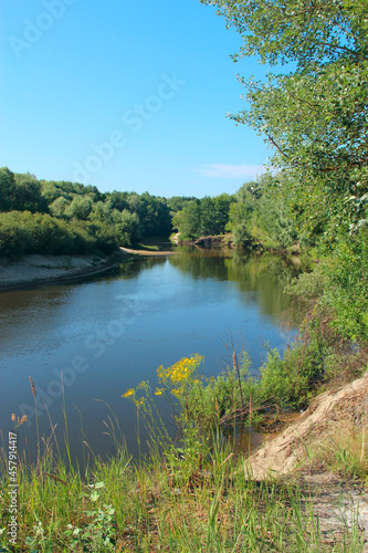 Landscape with river in summer. River landscape with sandy banks