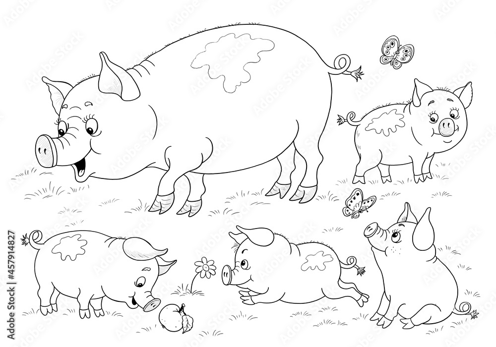 At the farm. Mother pig and her babies. Coloring page. Illustration for ...