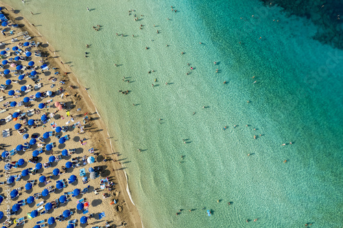 Aerial drone photograph of fig tree bay beach. Summer vacations cyprus.
