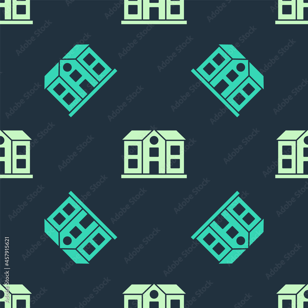 Green and beige House icon isolated seamless pattern on blue background. Home symbol. Vector