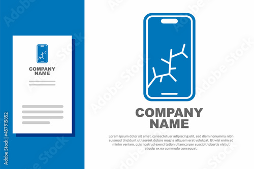 Blue Smartphone with broken screen icon isolated on white background. Shattered phone screen icon. Logo design template element. Vector