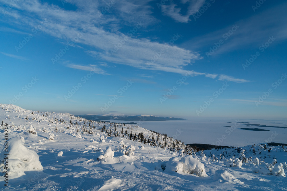 Winter landscape with snow-covered trees. Kandalaksha. Murmansk region