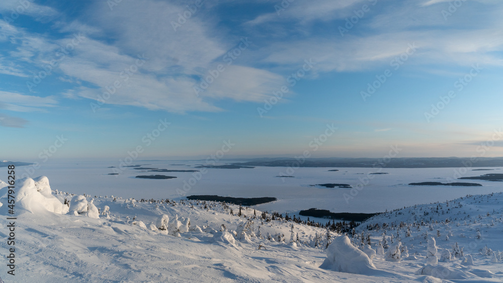 Winter landscape with snow-covered trees. Kandalaksha. Murmansk region. Volosyanaya mountain