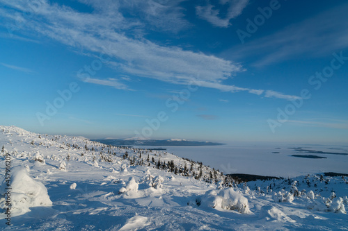 Winter landscape with snow-covered trees. Kandalaksha. Murmansk region