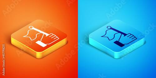 Isometric Hand holding flag icon isolated on orange and blue background. Victory, winning and conquer adversity concept. Vector