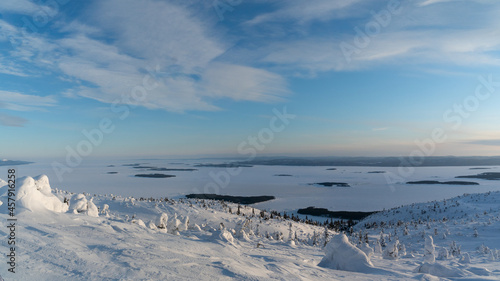 Obraz na płótnie Winter landscape with snow-covered trees. Kandalaksha. Murmansk region. Volosyanaya mountain w salonie