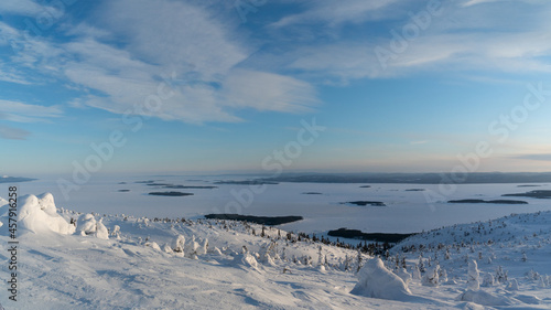 Winter landscape with snow-covered trees. Kandalaksha. Murmansk region. Volosyanaya mountain