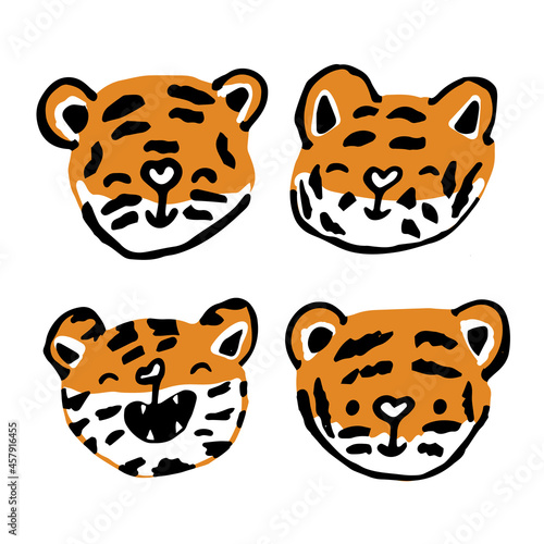 Set of cute funny young tigers heads. Happy vector isolated animals. Hand drawn illustration on white background