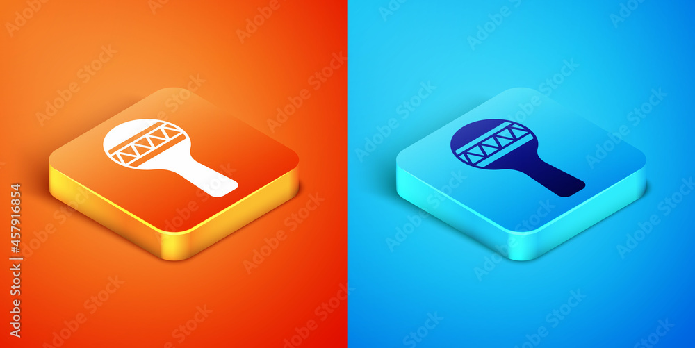 Isometric Maracas icon isolated on orange and blue background. Music maracas instrument mexico. Vector Isometric Maracas icon isolated on orange and blue background. Music maracas instrument mexico. Vector