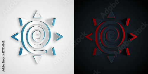 Paper cut Sun icon isolated on grey and black background. Summer symbol. Good sunny day. Paper art style. Vector