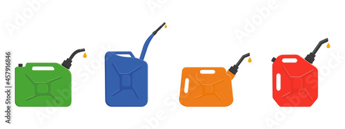 Gasoline jerrycans with leaking petrol drops. Set of gas canisters, fuel containers isolated on white background. Vector cartoon illustration.