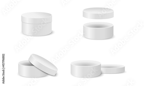 Round cardboard boxes for gifts, hats, sweets, cookies. Closed and open silver cylinder packages isolated on white background. Vector realistic illustration.
