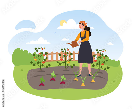 Woman watering garden concept. Female character takes care of plants to get rich harvest of fruits and vegetables. Gardening and farming. Cartoon flat vector illustration isolated on white background