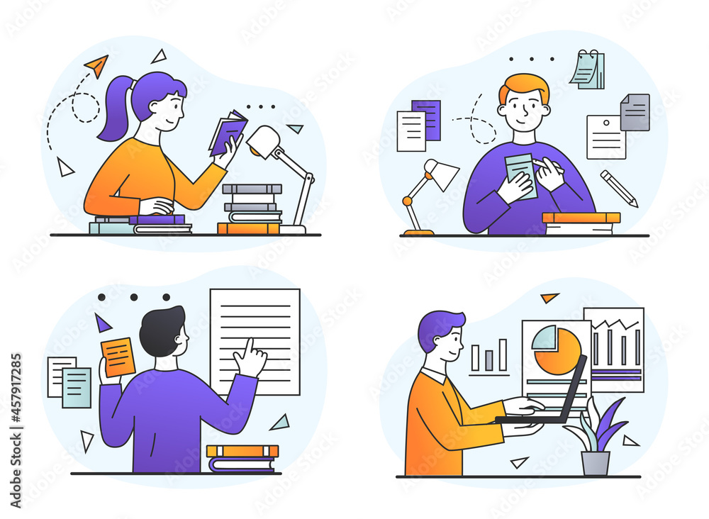 Collection of characters in online training. Men and women read books, take notes and watch webinar on laptop. Remote education. Cartoon doodle flat vector illustration isolated on white background