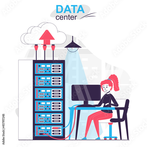 Data center isolated cartoon concept. Woman working at server rack room, networking hardware people scene in flat design. Vector illustration for blogging, website, mobile app, promotional materials.